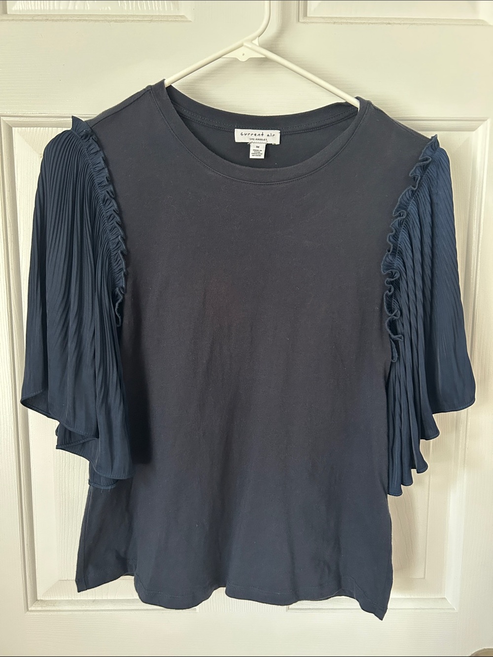 Navy Top with Pleated Ruffle Sleeves